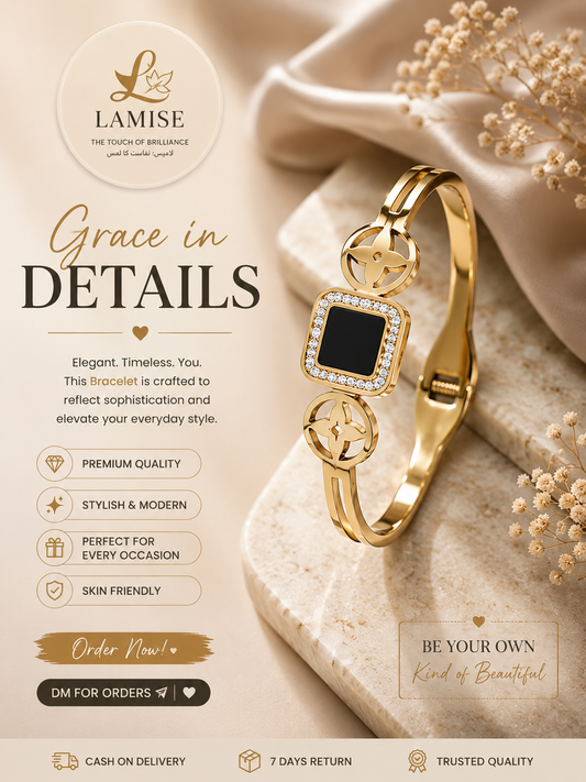 Elegance Square Black Bracelet | Noir Square Sparkle Gold Motif Bracelet