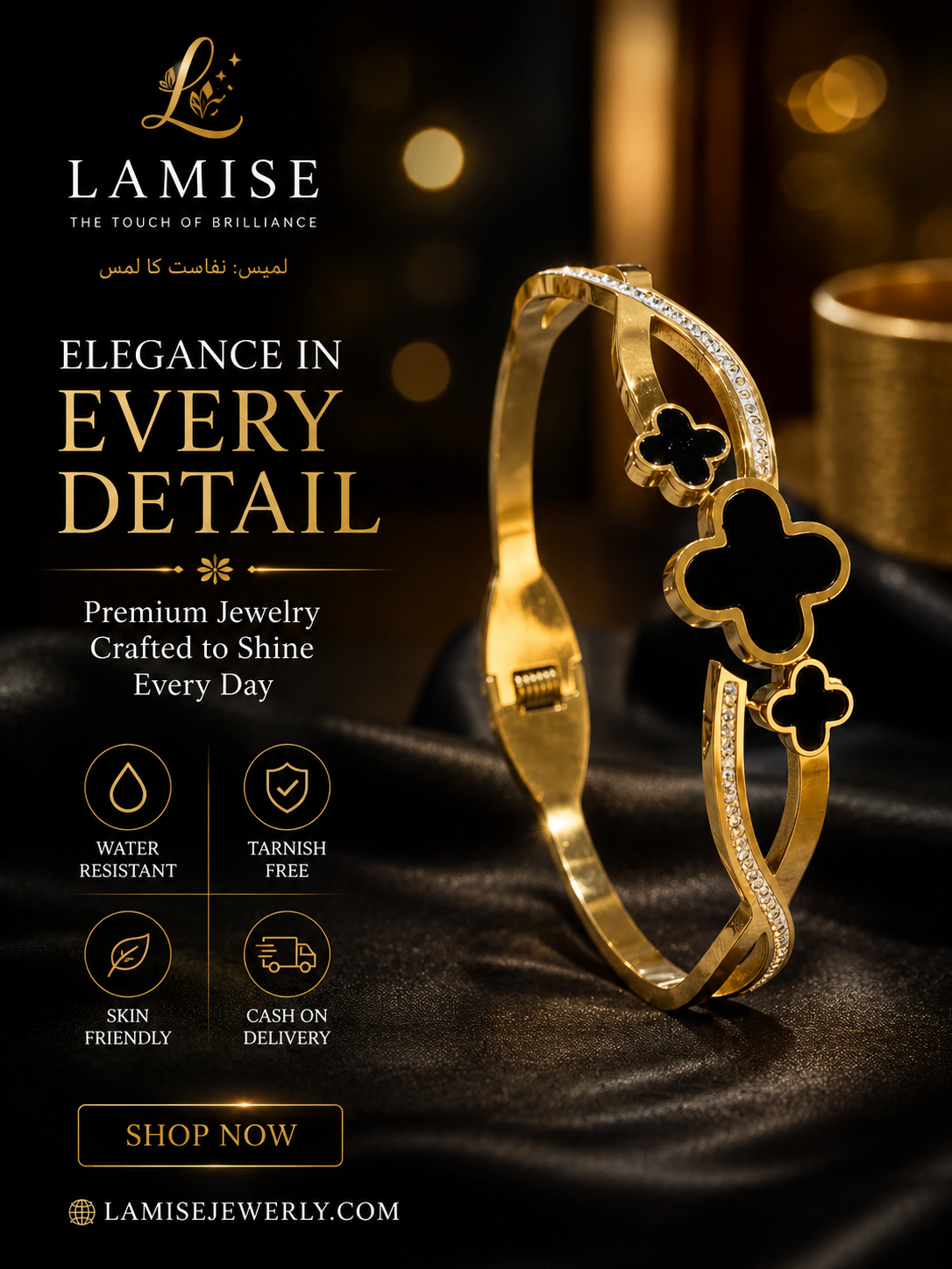 LAMISE Clover Luxe Bracelet – Gold & Black Stainless Steel Bracelet
