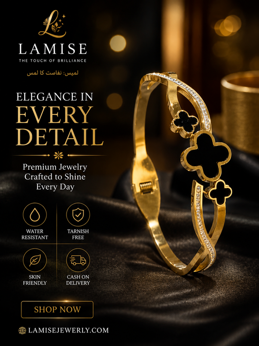 LAMISE Clover Luxe Bracelet – Gold & Black Stainless Steel Bracelet