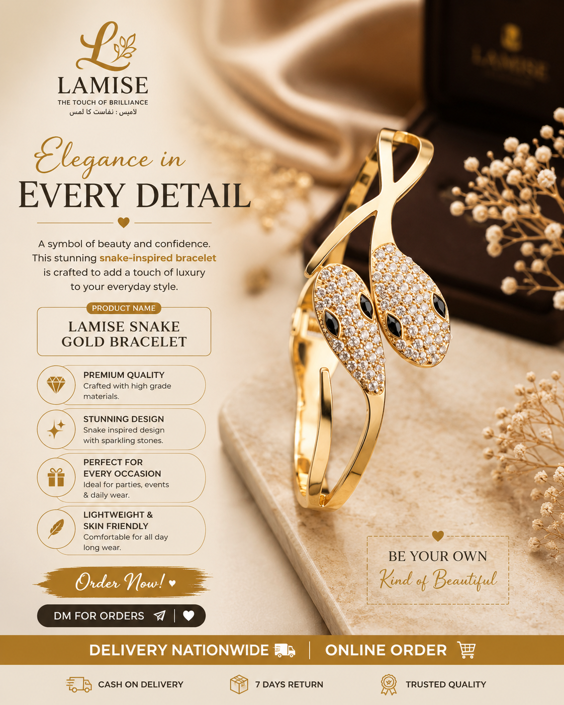 Lamise Snake Gold Bracelet | Royal Serpent Gold Encrusted Bracelet