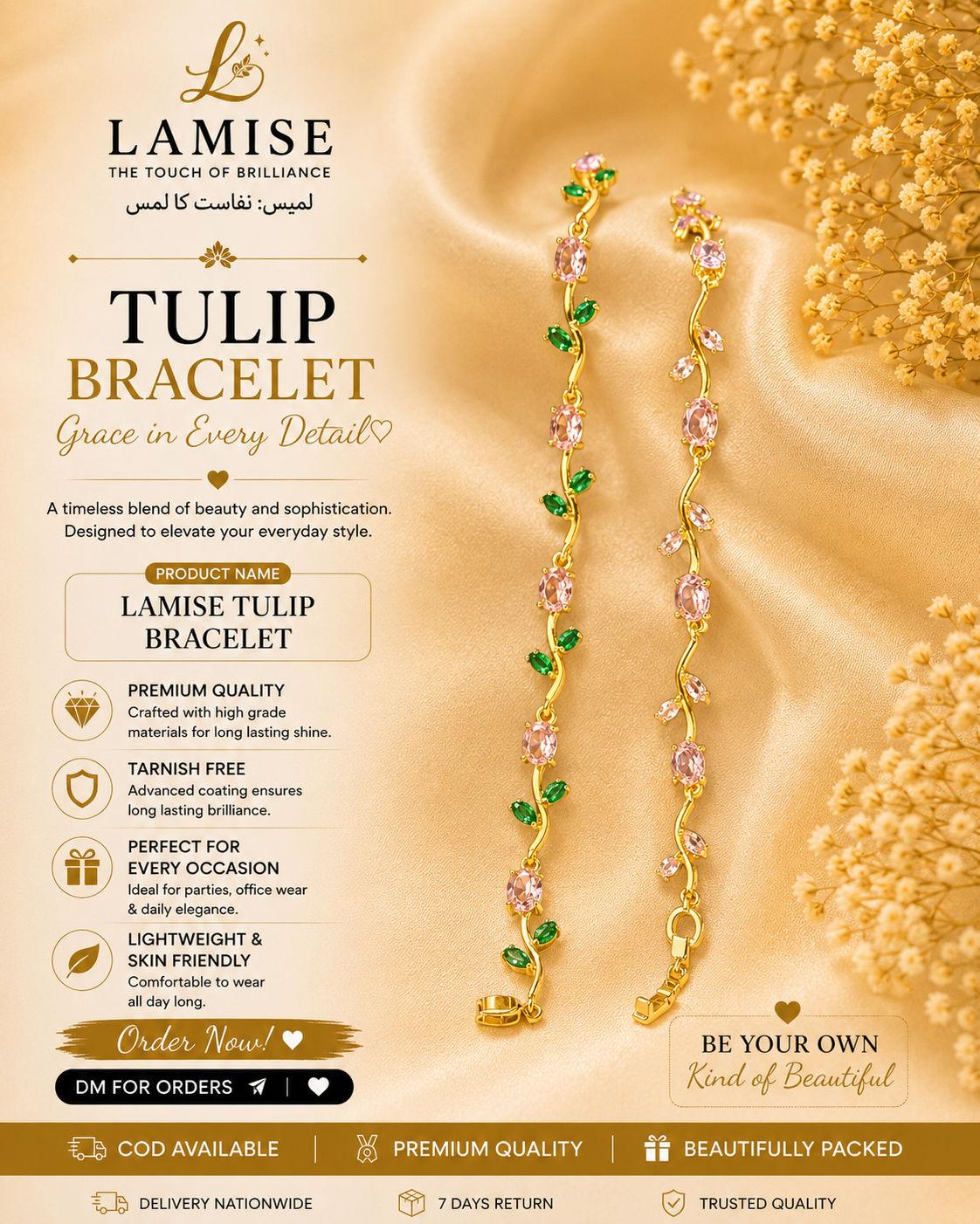 Lamise Tulip Bracelet | Blooming Tulip Crystal Gold Bracelet